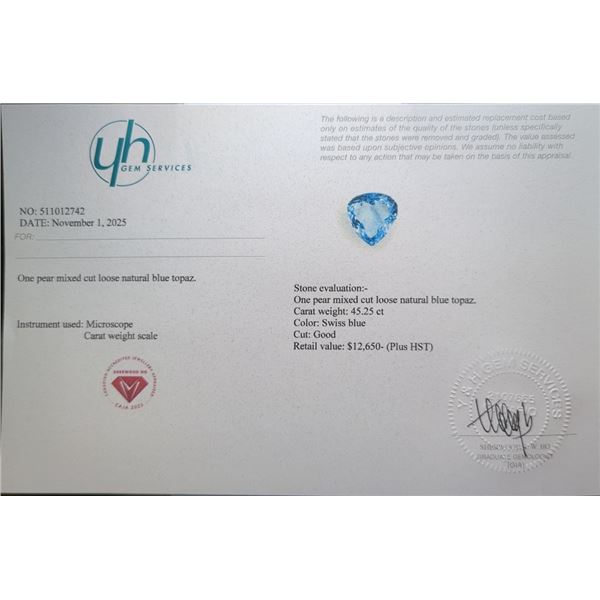 45.25 CT CERTIFIED ROYAL BLUE TOPAZ GEMSTONE ($12,650 APPRAISAL)