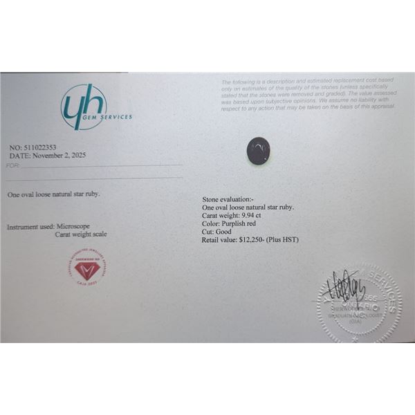 9.94 CT CERTIFIED BURMESE STAR RUBY GEMSTONE UNTREATED ($12,250 APPRAISAL)