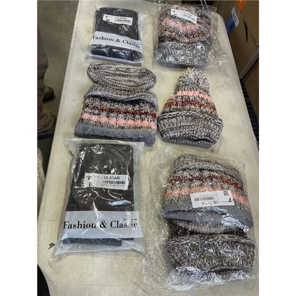 3 NEW 3PC WINTER TOQUE, NECK WARMER AND MOUTH COVER SETS, AND 2 PAIRS OF NEW WINTER LEGGINGS CLOSED 