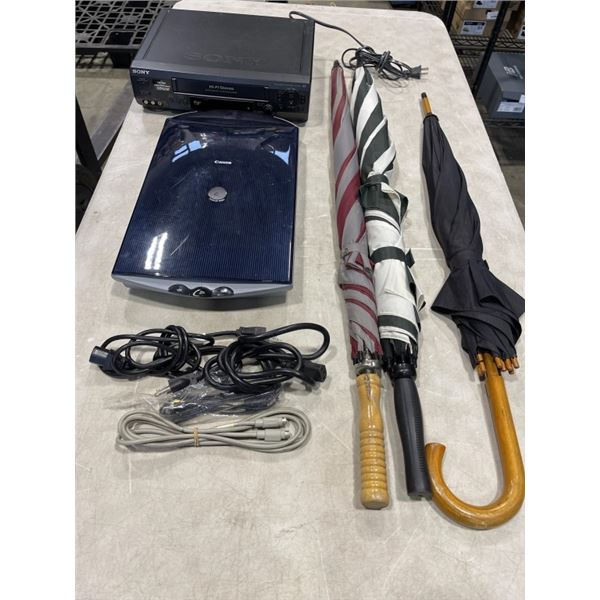 KODAK SCANNER, 3 UMBRELLAS AND SONY VCR