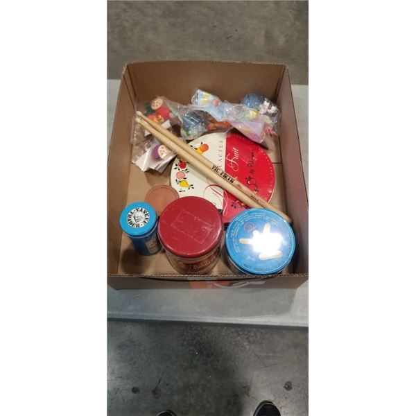 LATE 70'S COLLECTOR TINS, VINTAGE COLLECTIBLE MCDONALDS TOYS AND SIGNED DRUM STICKS RNR BIG K, WC