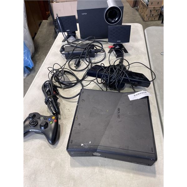 XBOX 360 CONSOLE, CONTROLLERS AND POWER SUPPLY, AND COMPUTER SPEAKER SYSTEM