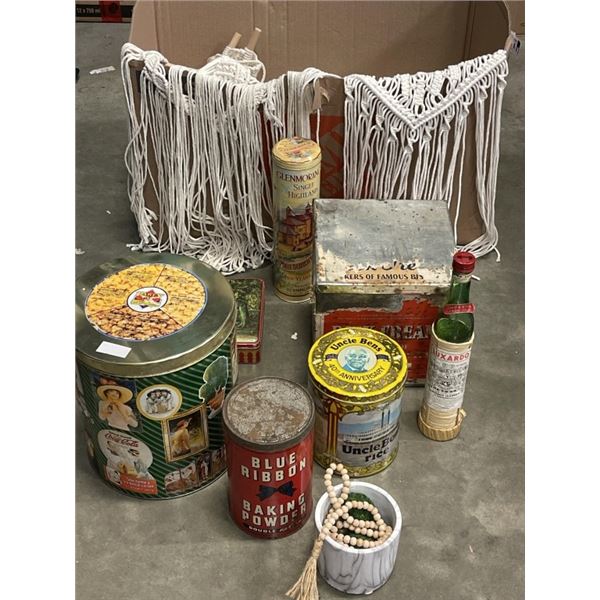 ANTIQUE COLLECTIBLE TINS, MACRAME ITEMS ETC