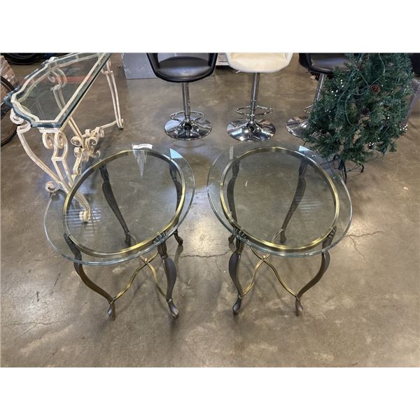 PAIR OF BRASS GLASS TOP SIDE TABLES