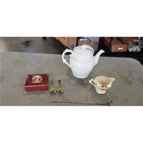 IRONSTONE TEAPOT, ALFRED MEAKING CREAMER AND COLLECTOR SPOONS, ENGLISH LIDDED VANITY BOX