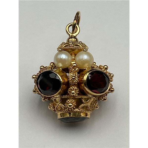 18k Yellow Gold Pendant With Garnet and Pearl -APPRAISED $5000