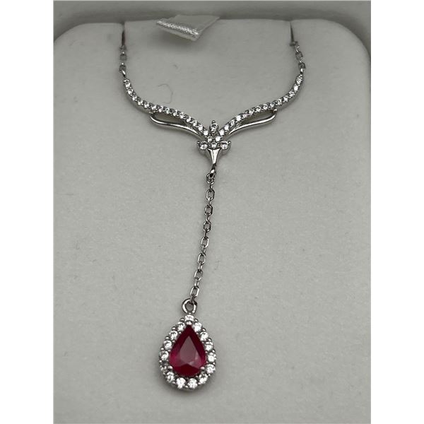 Silver Ruby Solitaire Pendant & Chain Set  -APPRAISED $700
