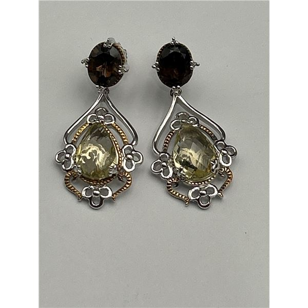 Silver Citrine and Smoky Quartz Earrings -APPRAISED $1000