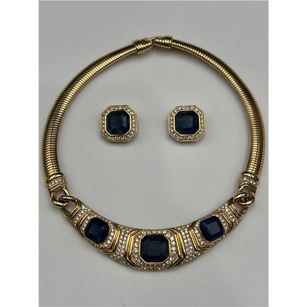 Oscar de la Renta Necklace and Earrings Set with Blue and Clear Stones