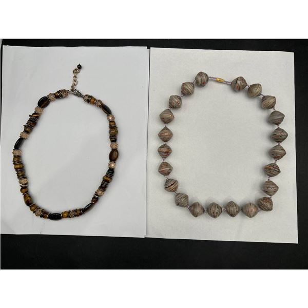 Beaded Tiger’s Eye and Paper Necklace Set with Adjustable Clasps