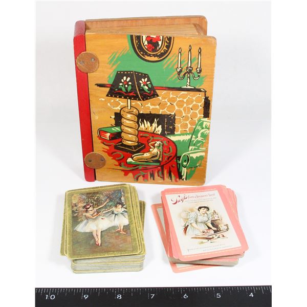 VINTAGE WOODEN BOX WITH OLD CARDS