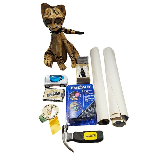 VINTAGE PAPER MACHE CAT + MISC ITEMS