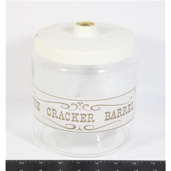 VINTAGE THE CRACKER BARREL GLASS JAR WITH LID NO