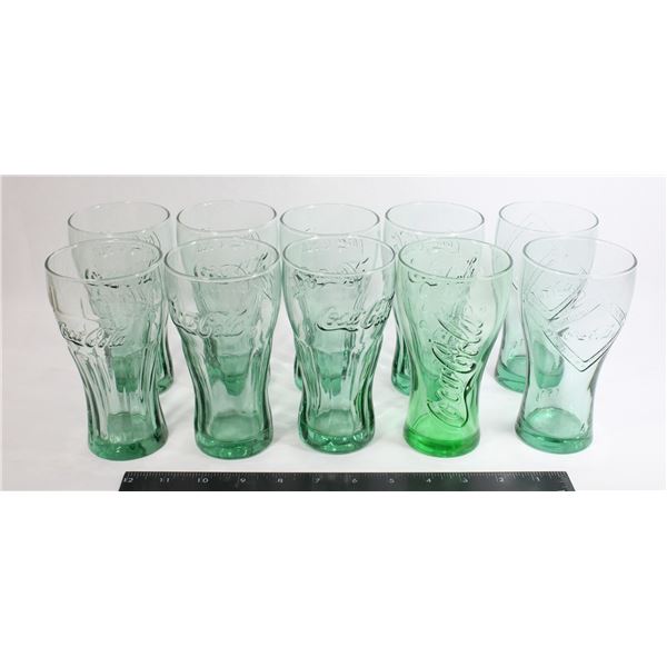 10- 12 OZ GREEN COKE GLASSES- 3 DIFFERENT