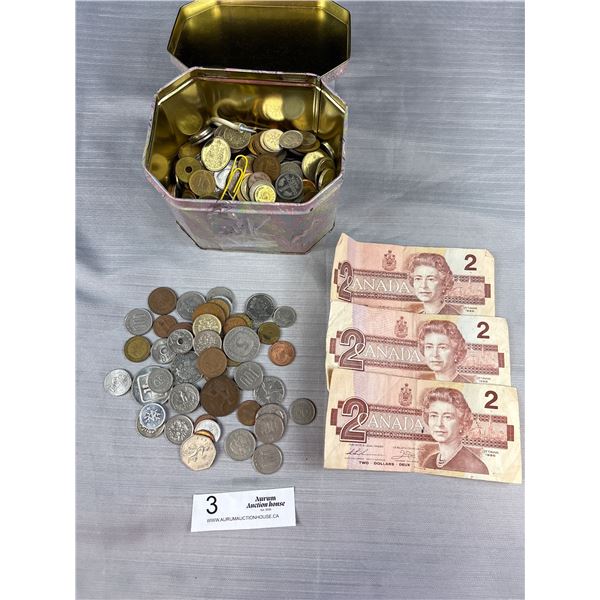 Old Tin Filled with Old World Coins & Canadian $2 Bills
