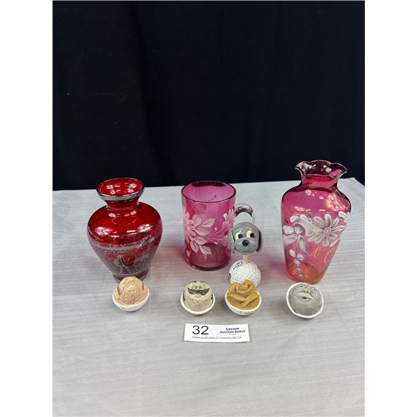 Nice Lot of Cranbery Glass Vases & Golf Ball Art