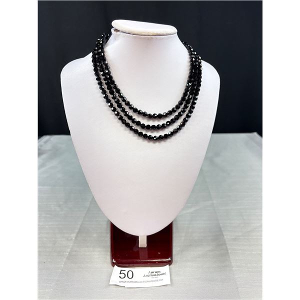 Vintage Triple Stand Blackfaceted Glass Necklace With Silver Tone Clasp