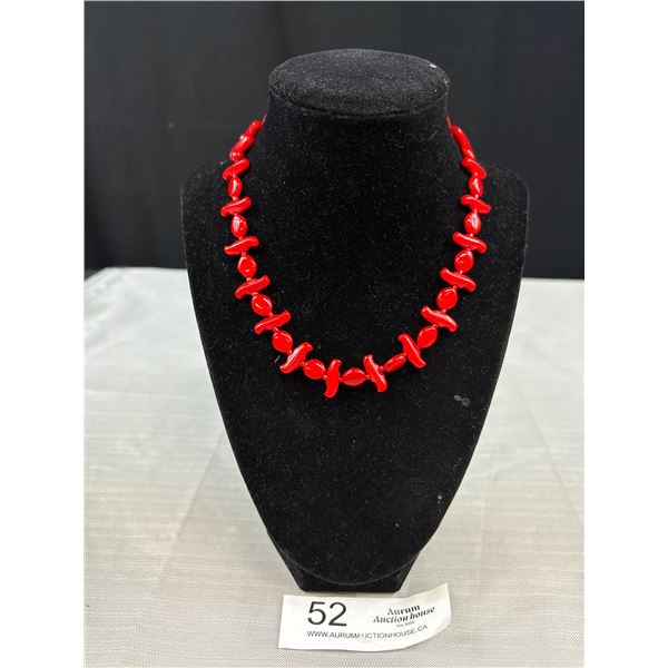 Vintage Czech Coral Red Glass Bead Statement Necklace 16"