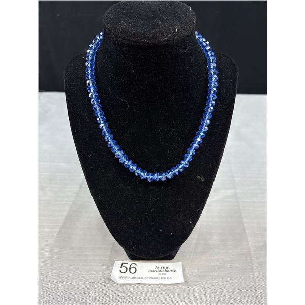 Lovely Blue Faceted Glass Beaded Necklace with  Vintage Style Silver Tone Clasp