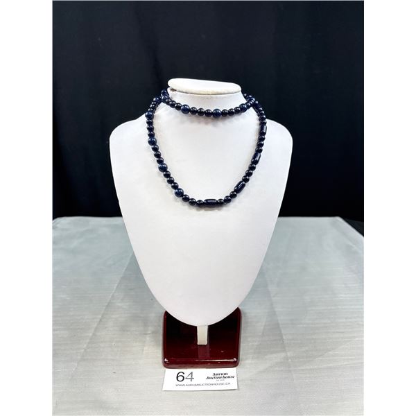 Vintage Navy Blue Beaded Necklace With Gold Tone Clasp 28" Long