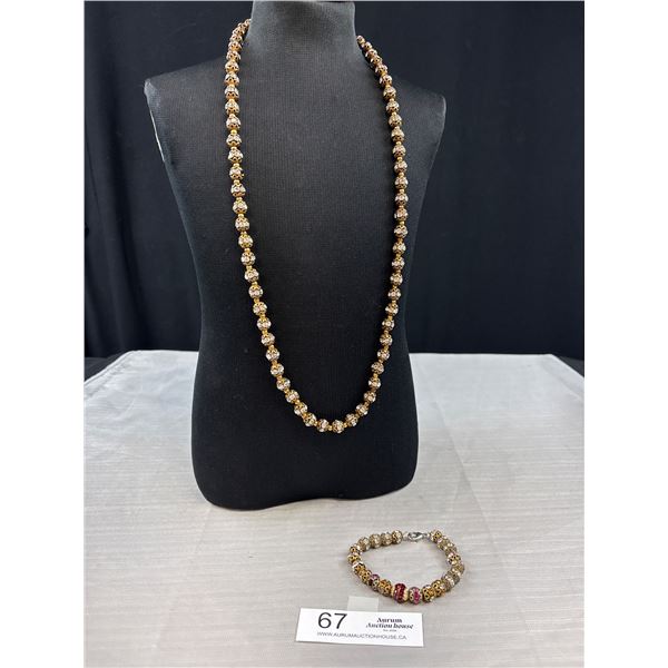 A Beautiful Beaded Necklace With Crystal Encrusted Gold Tone Orb Beads and Matching Bracelet 30" Lon