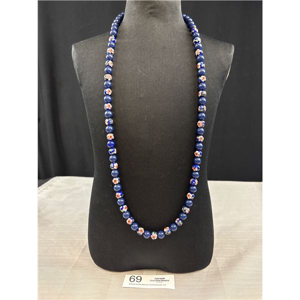 Vintage Chinese Blue Floral Cloisonne Bead Necklace With Sterling Silver Clasp 30" Long