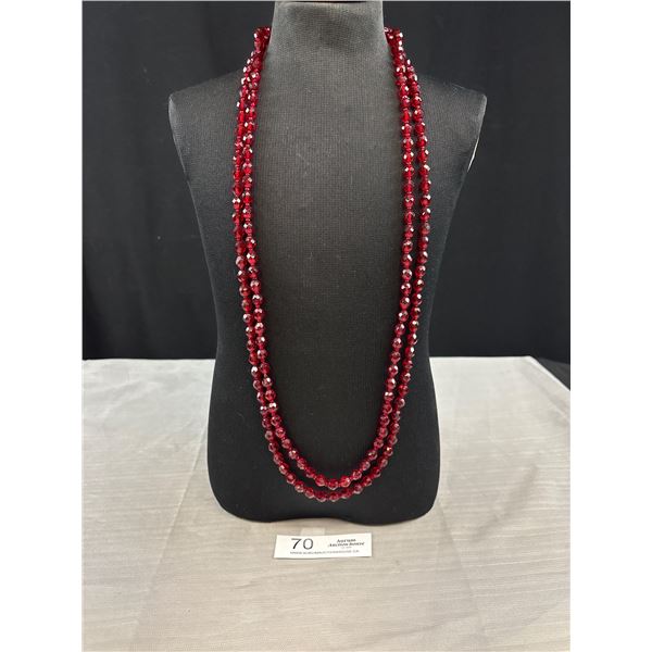 Vintage Double Strand Red Crystal Beaded Necklace Featuring an Ornate Gold Tone Clasp 32" Long