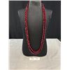 Image 1 : Vintage Double Strand Red Crystal Beaded Necklace Featuring an Ornate Gold Tone Clasp 32" Long