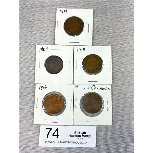 Lot of 5 Canadian Large Pennies from 1909-1918