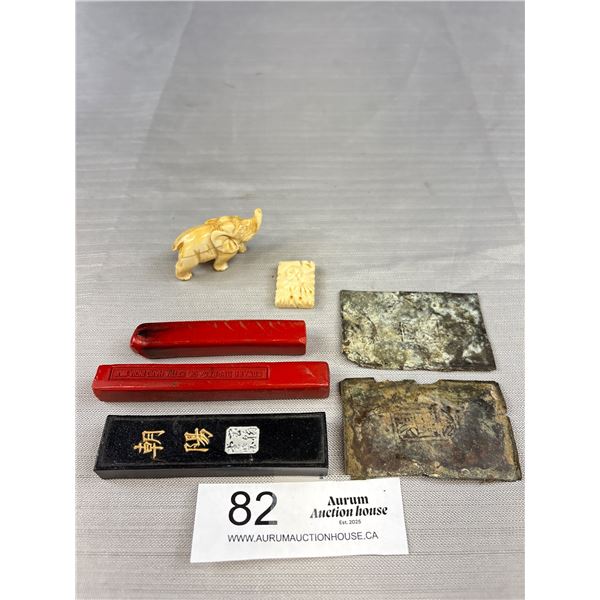 Lot of Vintage Asian Chinese Ivory ? Elephant, Stamps, Etc