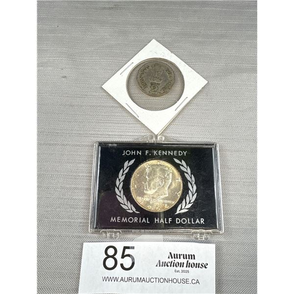 1964 US JFK Silver Coin in Case + Other Coin