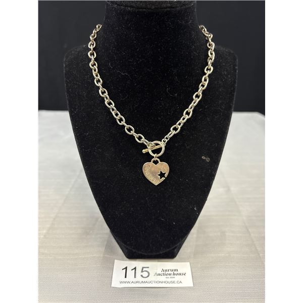 Silver Tone Links Chain w/ Forever Heart Shaped Pendant Necklace Toggle Closure