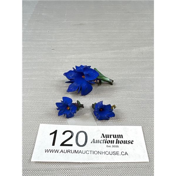 3 Vintage Austrian Hand Carved Hand Painted Enzian Alpine Flower Brooches Set