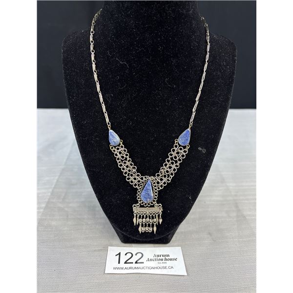 Vintage Hand Crafted Silver Filigree w/ Blue Stones Necklace