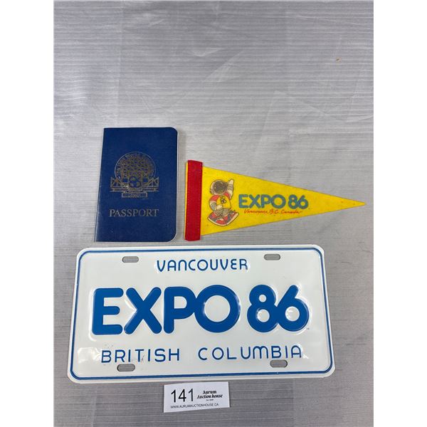 Collectable Expo 86 Lot License Plate, Passport, and Pennant