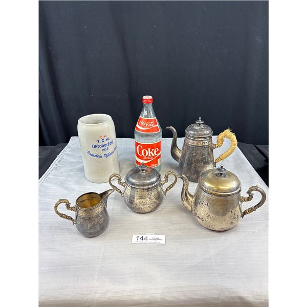 Vintage Collectable Lot of a Silver Plated Tea Set of a Coke Bottle and Stonewear 1959 Oktober Fest 