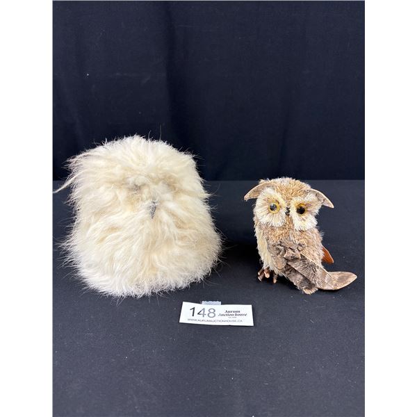 2 Vintage Handcrafted Owl Figures - Fur, Birch, Etc