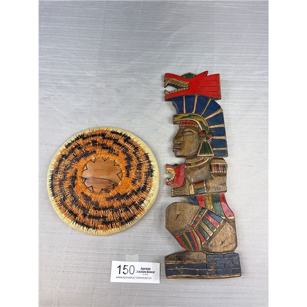 Vintage Indigenous Woven Plated and 14" Long Painted Wood Wall Plaque