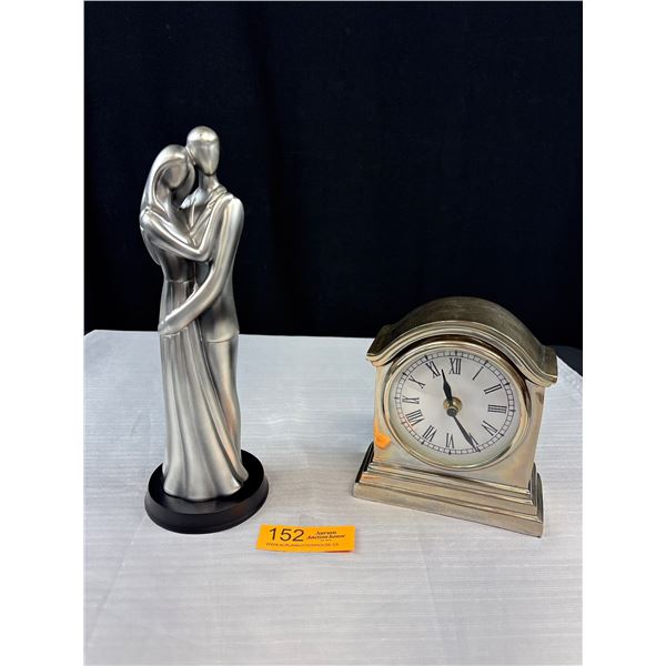 Vintage Tabletop Clock and 11" Tall Silvertone Loving Couple Figurine