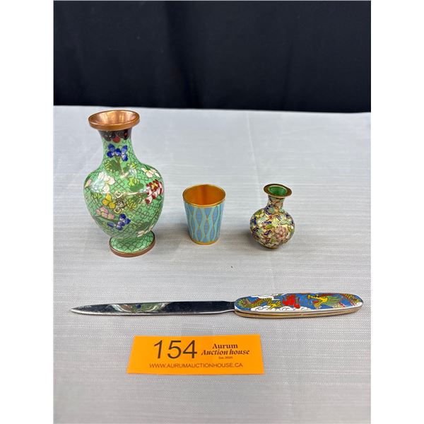 4 Vintage Cloisonne Pieces - Letter Opener, Cup and Jugs
