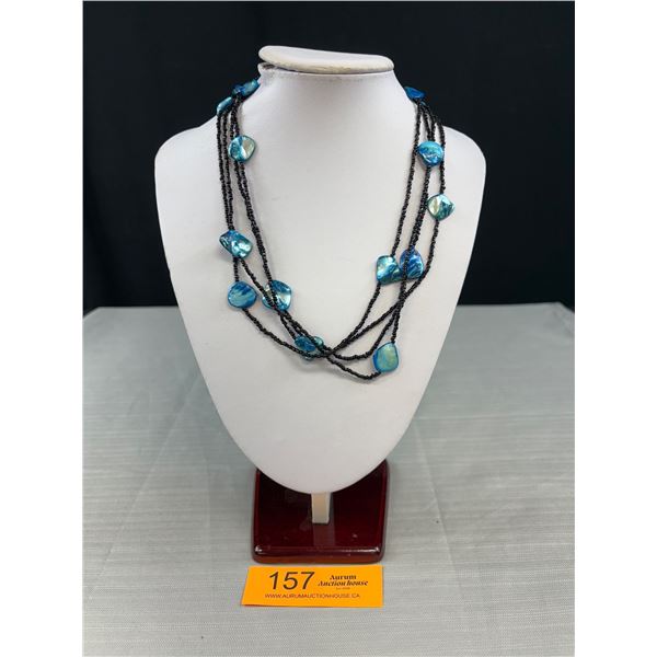 Vintage Extra Long Blue Shell Chips and Black Seed Beads Necklace