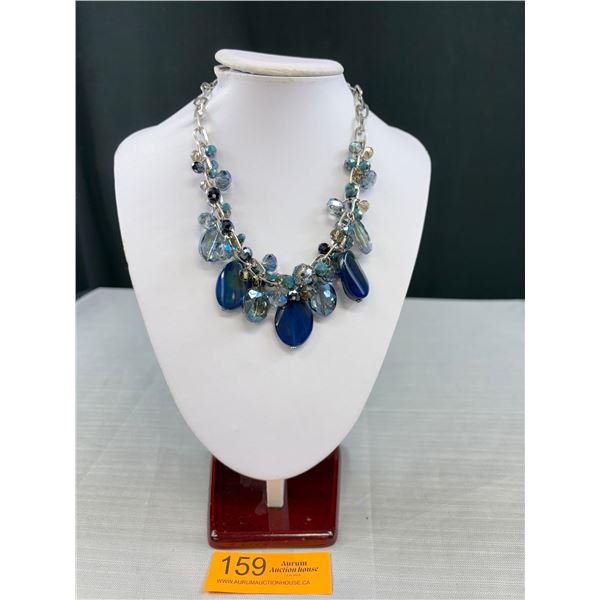 Designer Aquamarine, Blue Quartz. Chalcedony and Crystal Faceted Beads w/Silver Link Chain Necklace