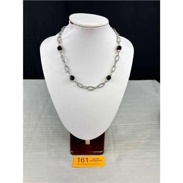 Silvertone Chain w/ Black Faceted Beads and Clear Rhinestone Accents