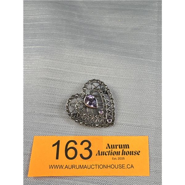 Double Heart Deco Brooch - .925 w/Amethyst and Marcasite Stones