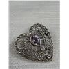 Image 2 : Double Heart Deco Brooch - .925 w/Amethyst and Marcasite Stones