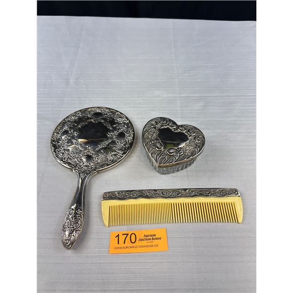 Vintage Quality Vanity Hand Mirror, Comb and Powder Box