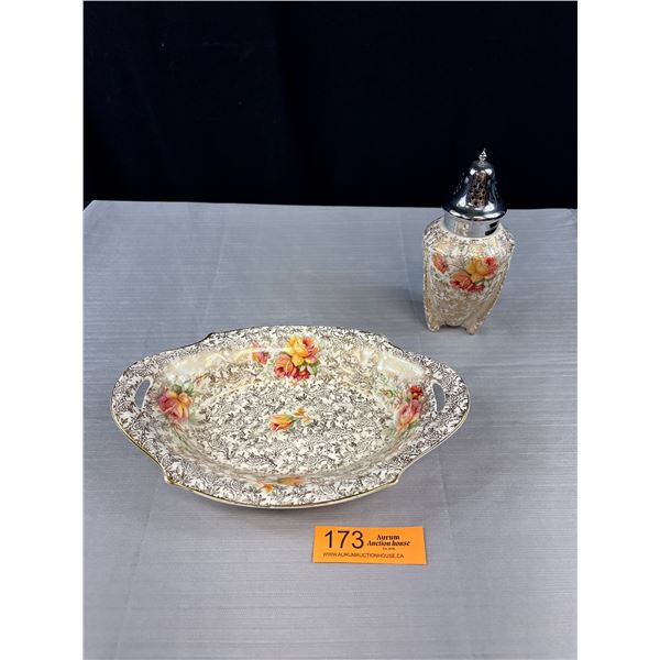 Lovely A.J. Wilkinson England "Celtic Rose" Chintz Bowl and Sugar Shaker