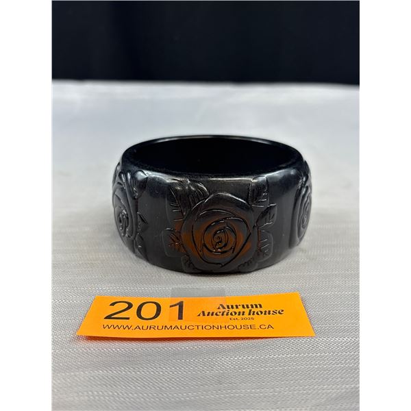 Heavy Black Bakelite Bangle Carved Design