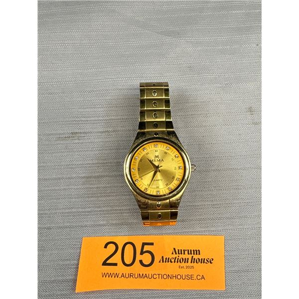 Mema Quartz Wrist Watch 60 Minutes Dial Stainless Steel Back, Japan, No. 1653 M Battery Required