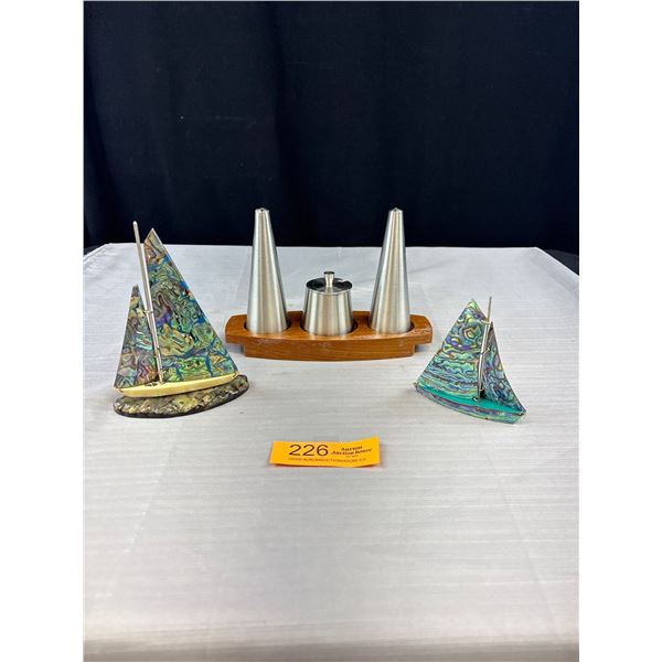 MCM Salt and Pepper Set with Decorative Abalone Shell Sail Boats
